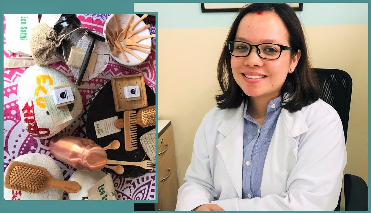 'इको साथी नेपाल' ले बिक्री गर्ने सरसामान र डाक्टर मनु कार्की।